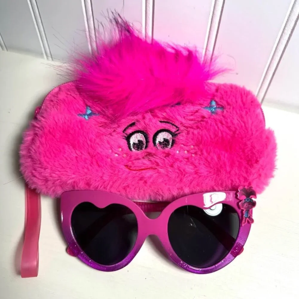 Trolls Pink Find Your Happy Place Kids Fun Fuzzy Sunglasses Case Girls Dress Up
